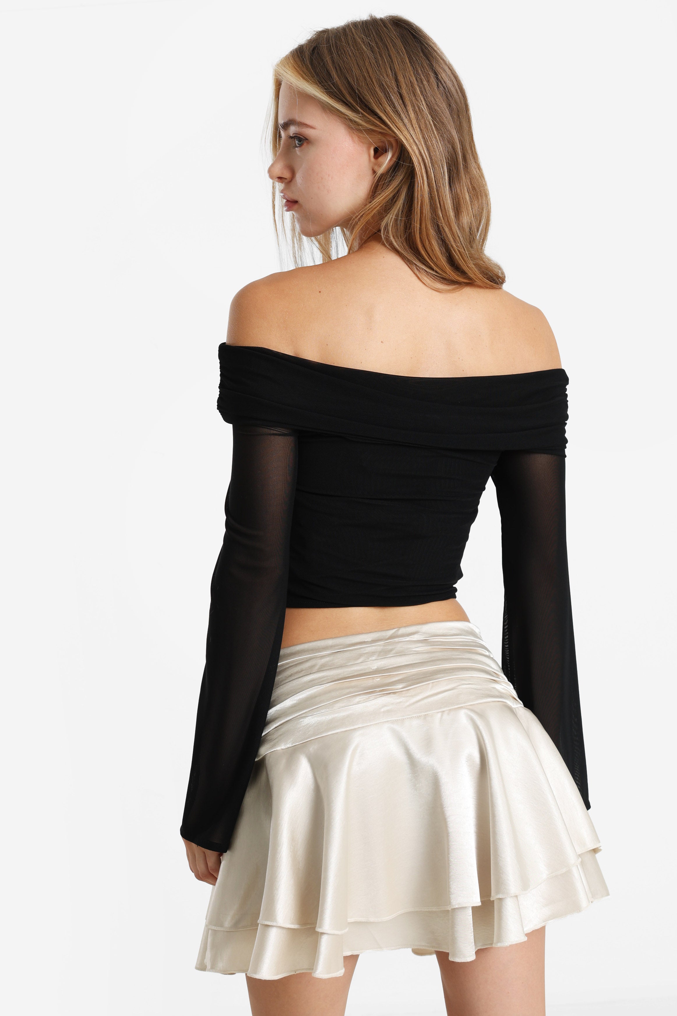 Shirt court off shoulder manches longues - Noir