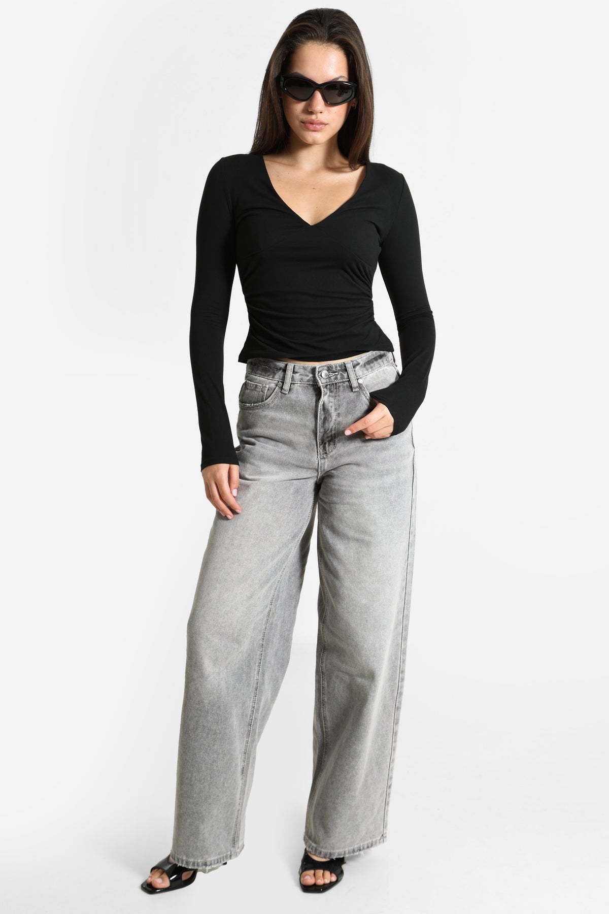 Crop Langarmshirt - Schwarz