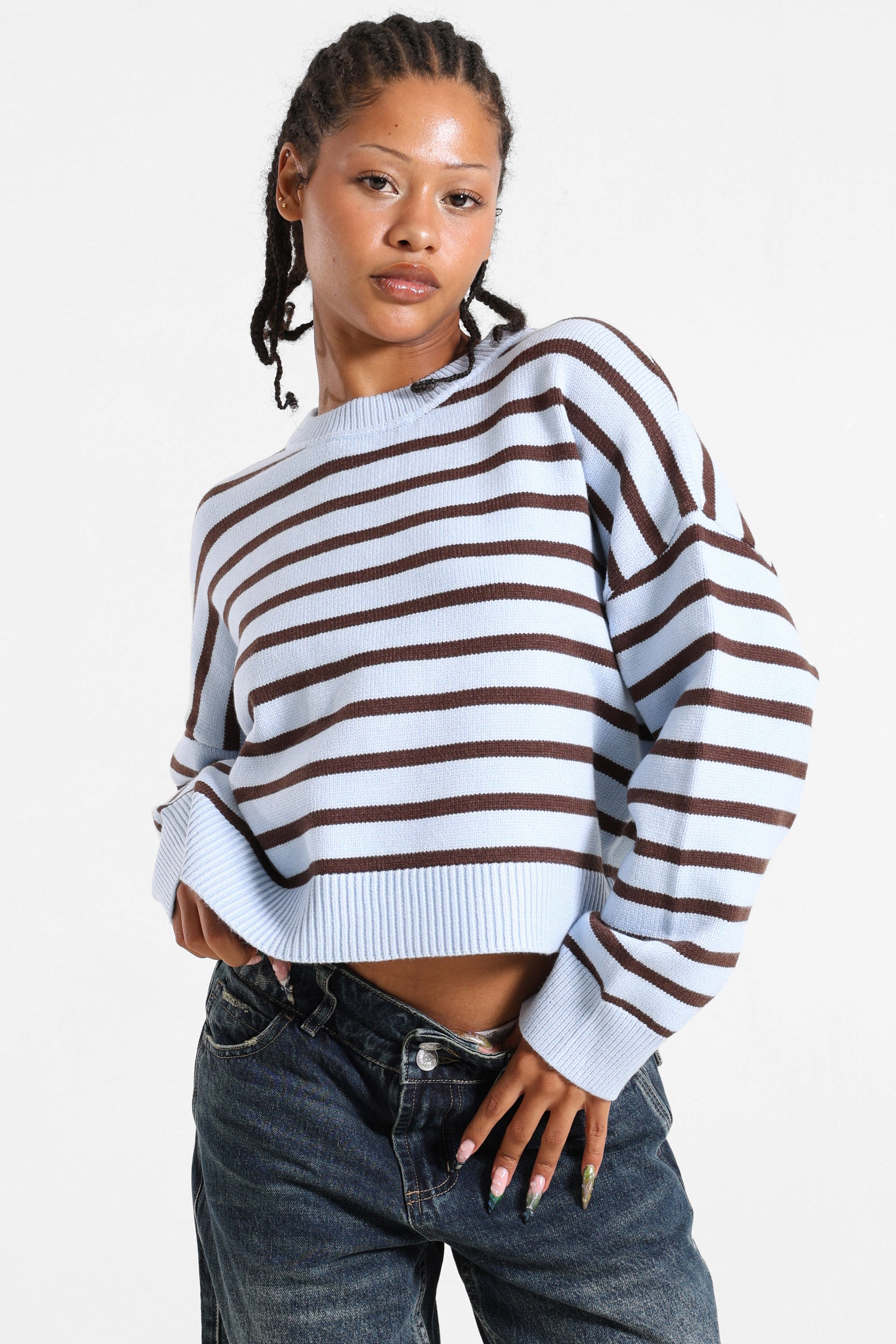 Maglione in maglia - Bleu clair + Brun foncé