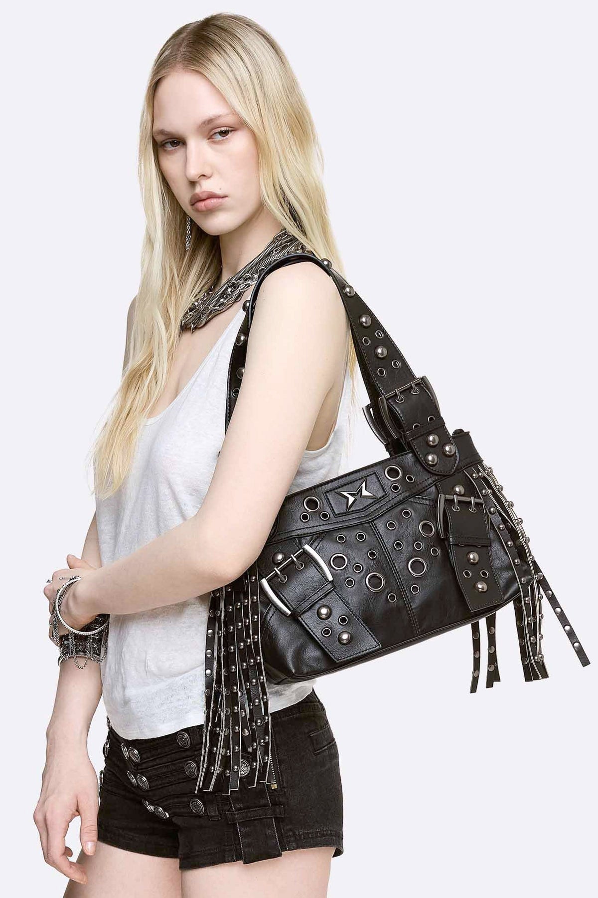 Fern Studded Fringe sac à main avec rivets - Black